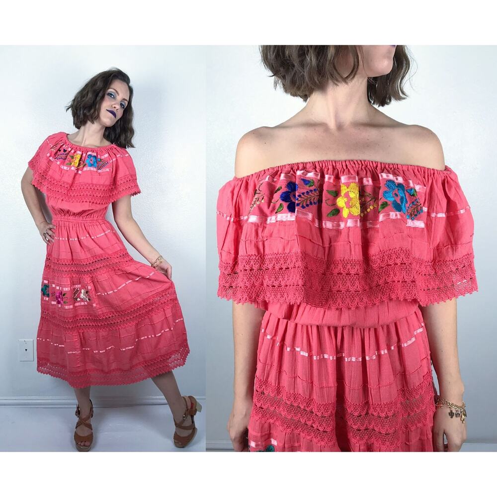 Vintage Pink Off-Shoulder Midi Dress